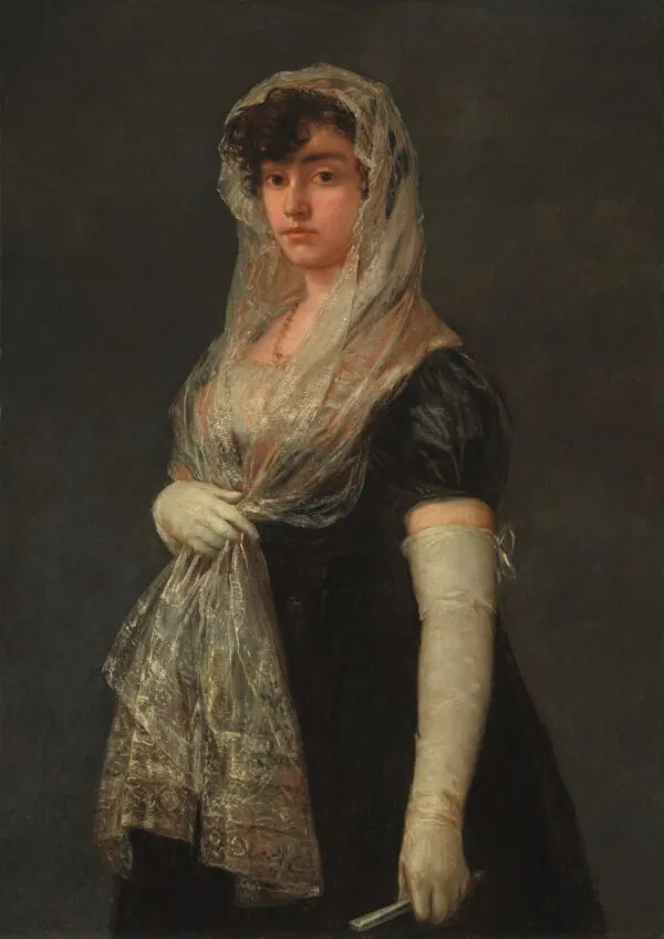 Young Lady Wearing a Mantilla and Basquina (1802) by Francisco Goya — original painting reproduced as a hand-painted oil on canvas