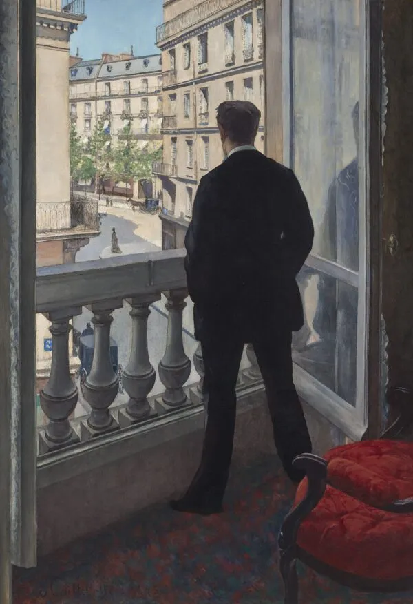 Young Man at His Window (1876) by Gustave Caillebotte — original painting reproduced as a hand-painted oil on canvas