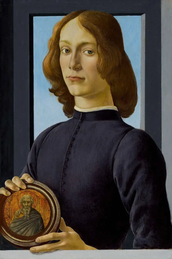Young Man Holding a Roundel (1480) by Sandro Botticelli — original painting reproduced as a hand-painted oil on canvas
