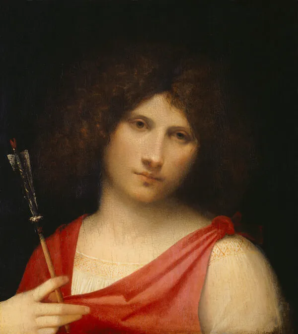Young Man with Arrow (1505) by Giorgione — original painting reproduced as a hand-painted oil on canvas
