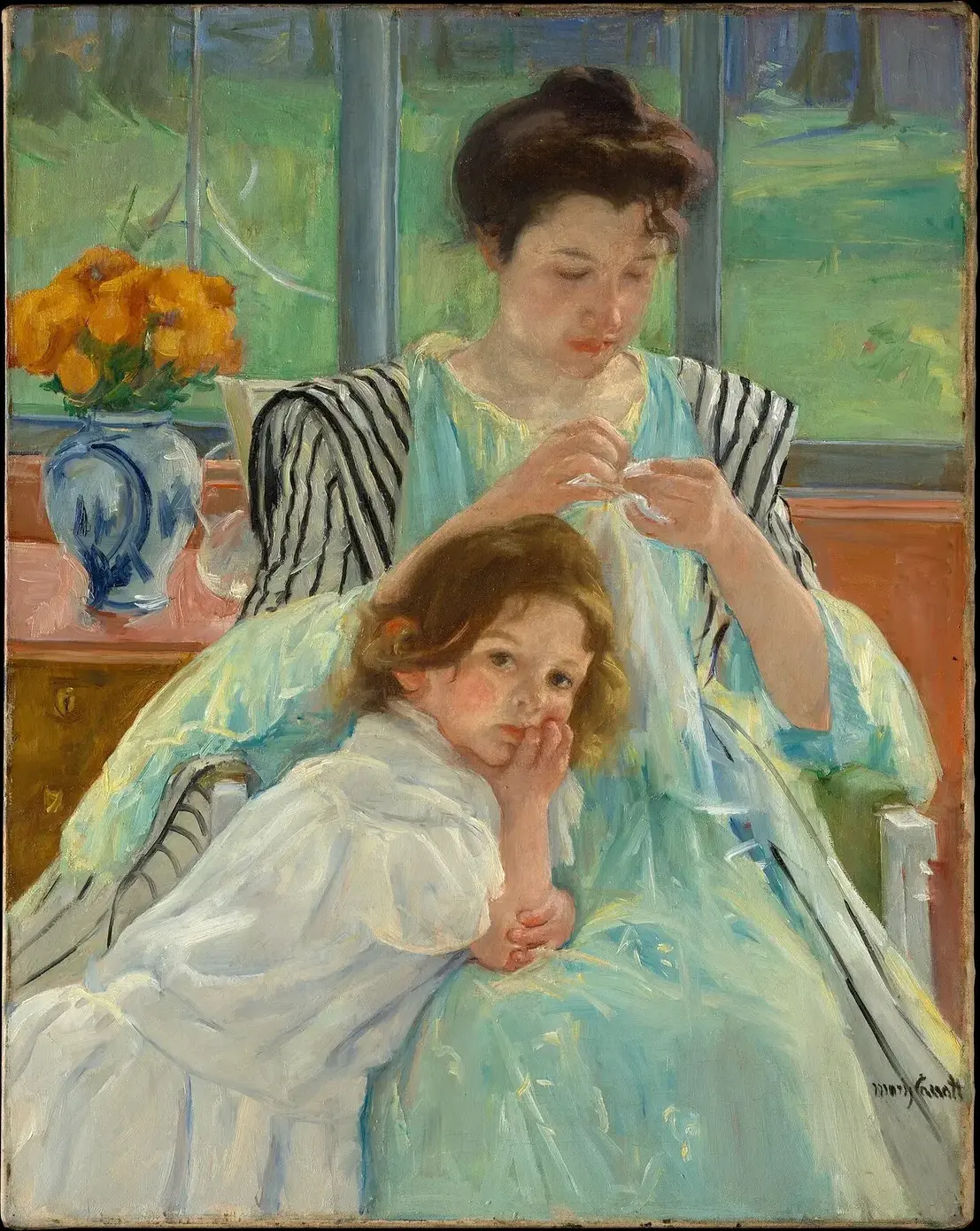 Young Mother Sewing (1900) by Mary Cassatt — original painting reproduced as a hand-painted oil on canvas