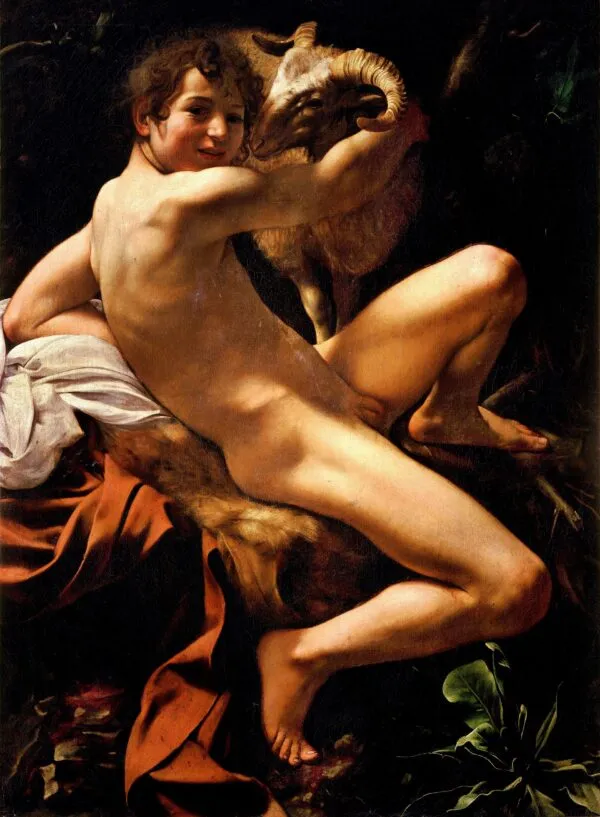 Young Saint John the Baptist with ram (1602) by Caravaggio — original painting reproduced as a hand-painted oil on canvas
