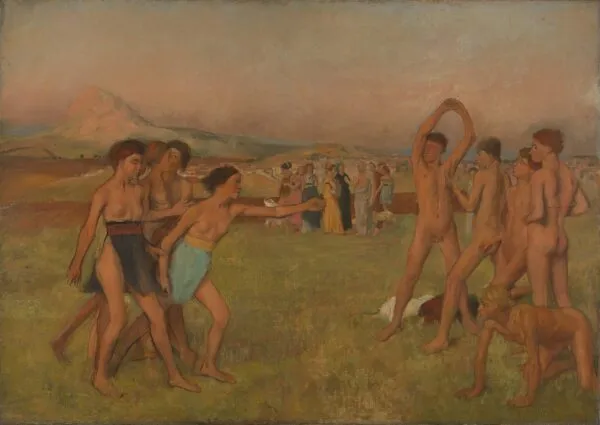 Young Spartans Exercising (1860) by Edgar Degas — original painting reproduced as a hand-painted oil on canvas