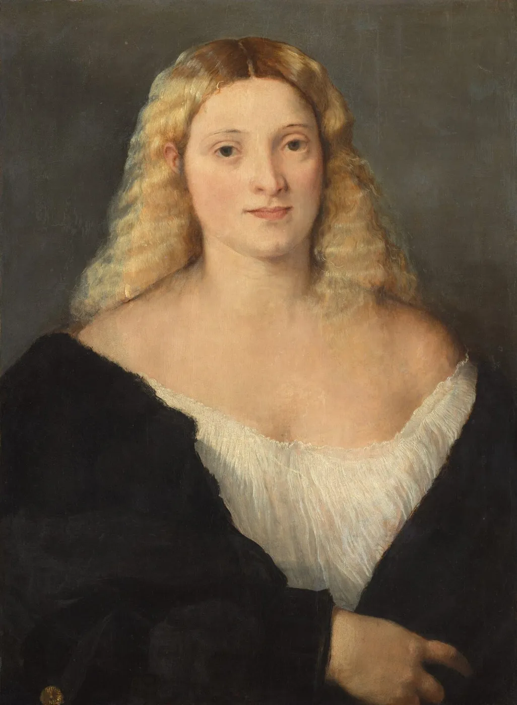 Young Woman in a Black Dress (1520) by Titian — original painting reproduced as a hand-painted oil on canvas