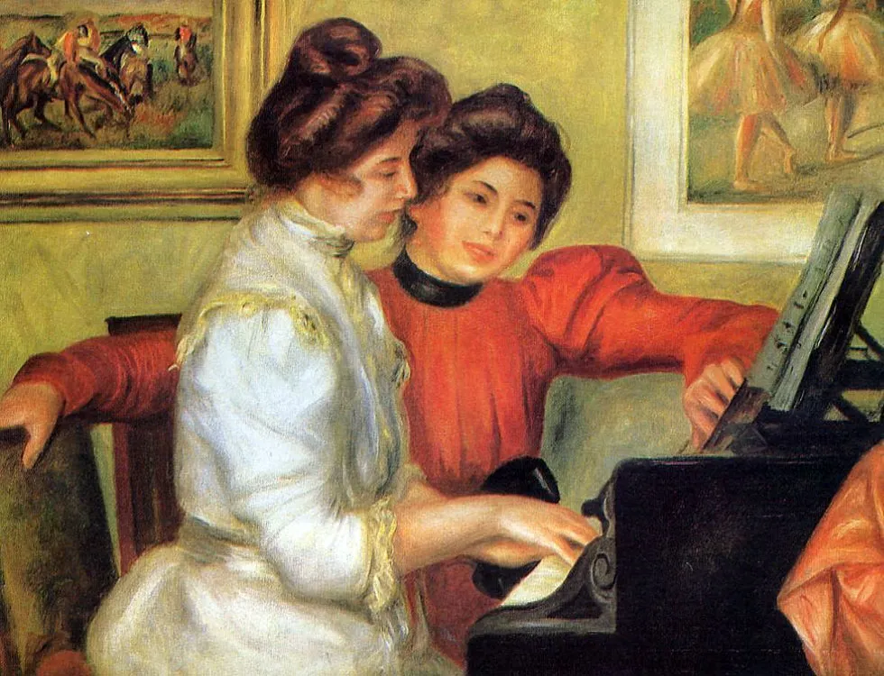 Yvonne and Christine Lerolle at the Piano (1897) by Pierre-Auguste Renoir — original painting reproduced as a hand-painted oil on canvas