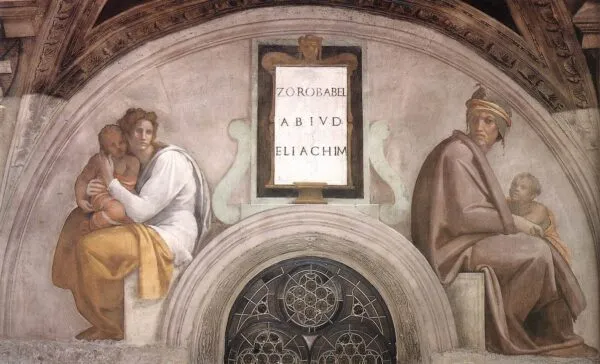 Zerubbabel, Abiud and Eliakim (1508) by Michelangelo — original painting reproduced as a hand-painted oil on canvas