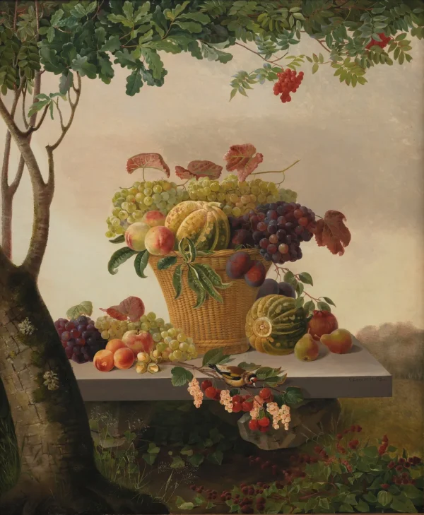 A Basket of Fruit in a Landscape (1832) by Christine Løvmand — original painting reproduced as a hand-painted oil on canvas