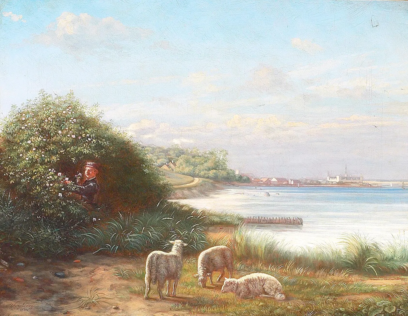 A beach with sheep and boy, and a view of Kronborg. (1871) by Christian Rudolph Vogelsang — original painting reproduced as a hand-painted oil on canvas