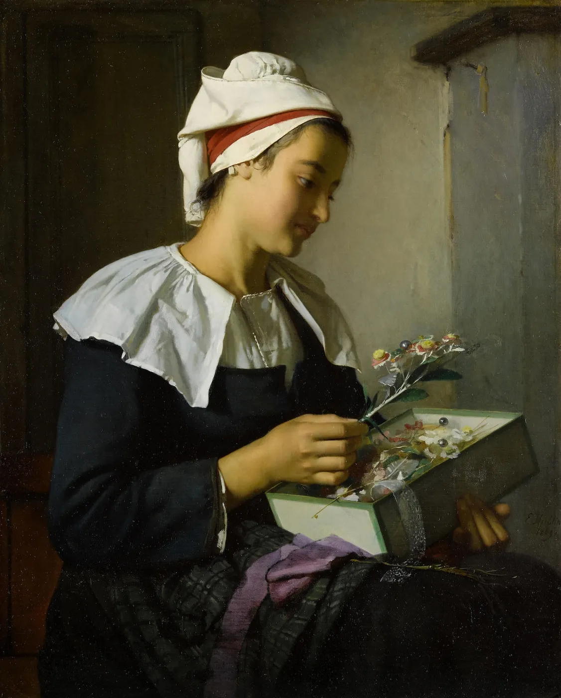 A Beautiful Gift (1869) by Émile Auguste Hublin — original painting reproduced as a hand-painted oil on canvas