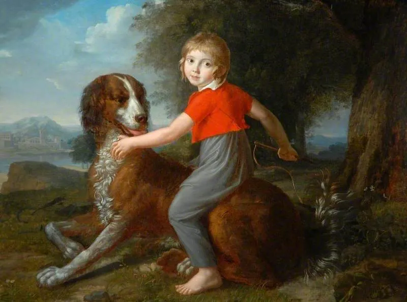 A Boy Sitting on a Dog’s Back (1802) by Antoine-Claude Fleury — original painting reproduced as a hand-painted oil on canvas