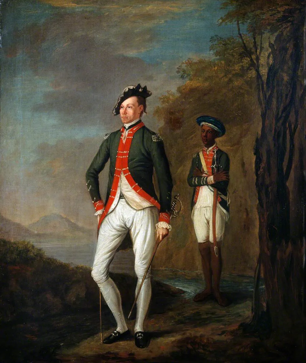 A British Officer of a Madras Sepoy Battalion, Possibly Captain Mathias Calvert (1733–1779), Attended by a Young Sepoy or Servant (1769) by Carl von Imhoff — original painting reproduced as a hand-painted oil on canvas