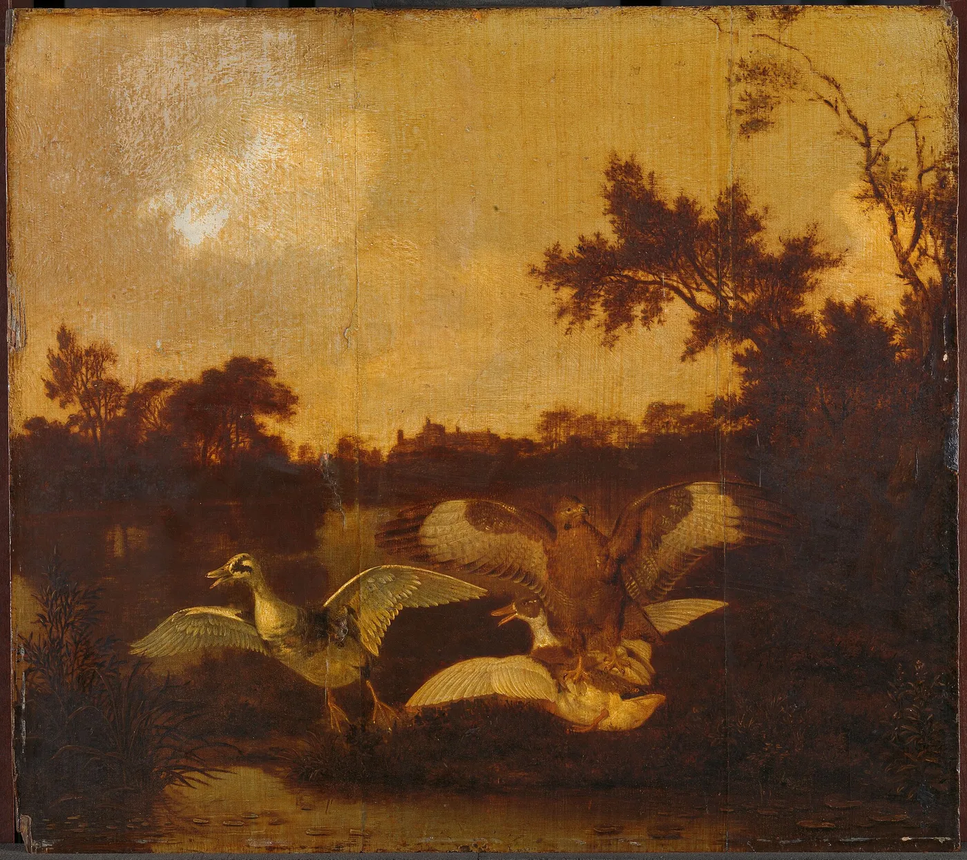 A buzzard attacking two ducks (1650) by Dirck Wijntrack — original painting reproduced as a hand-painted oil on canvas