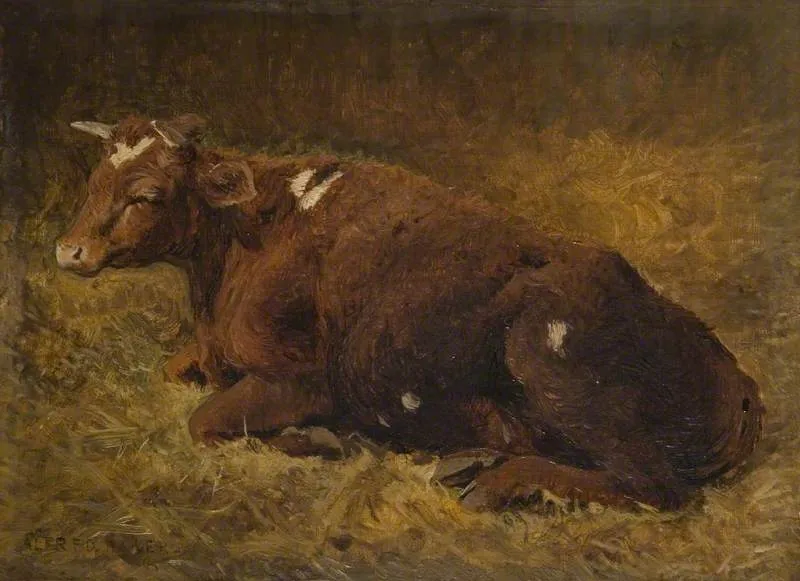 A Cow Lying on the Ground (1870) by Alfred Baker — original painting reproduced as a hand-painted oil on canvas