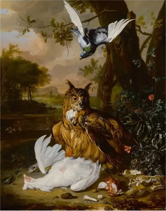 A Eurasian eagle-owl with with other birds in a landscape — Dirk Valkenburg