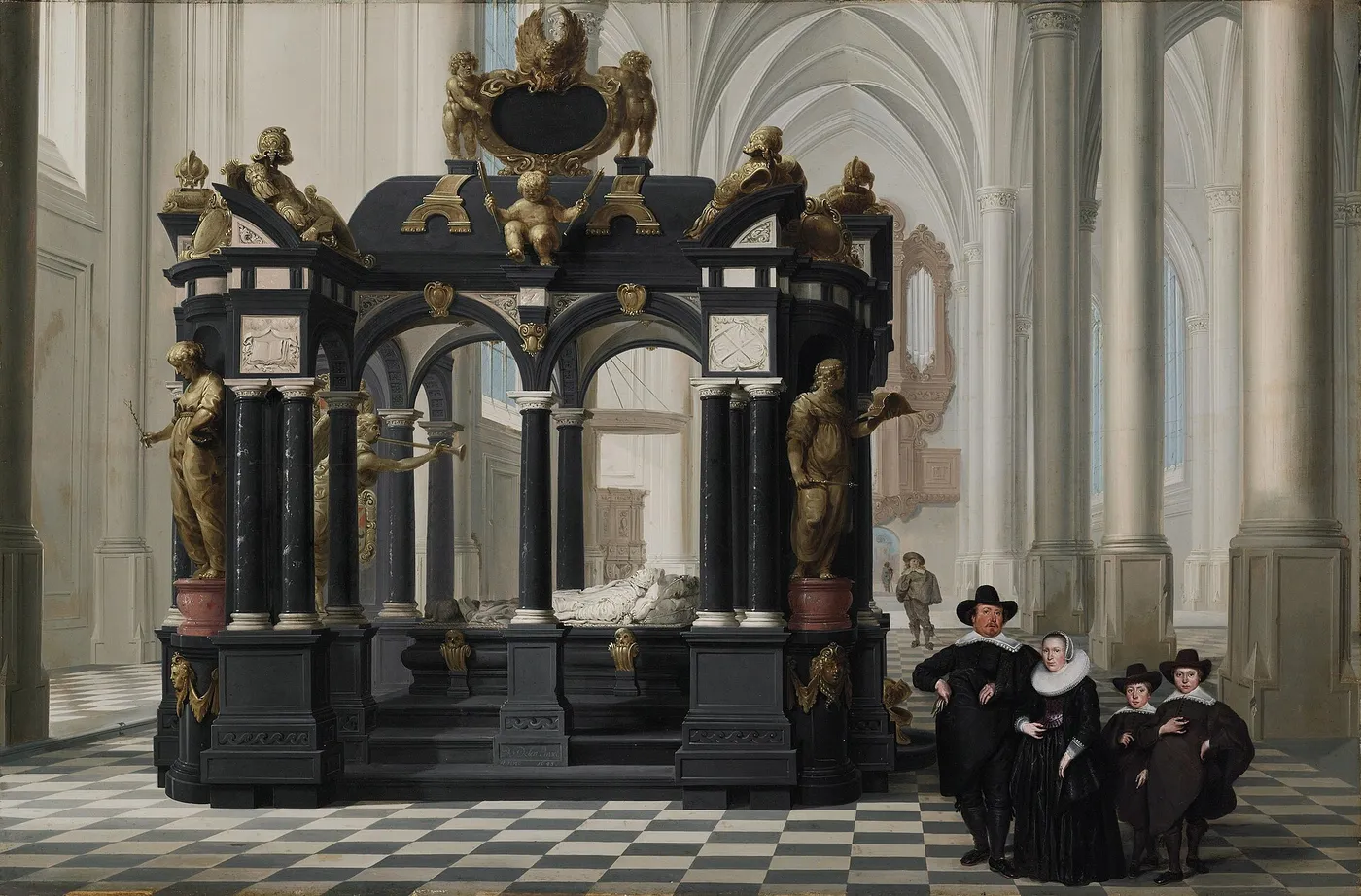 A Family beside the Tomb of Prince William I in the Nieuwe Kerk, Delft (1645) by Dirck van Delen — original painting reproduced as a hand-painted oil on canvas