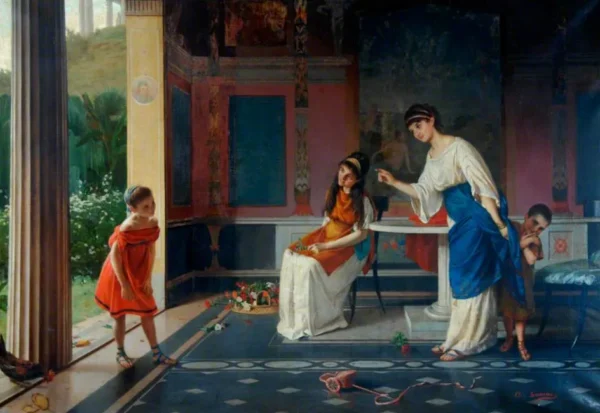 A Family from Ancient Times at Home by Alfonso Savini — original painting reproduced as a hand-painted oil on canvas