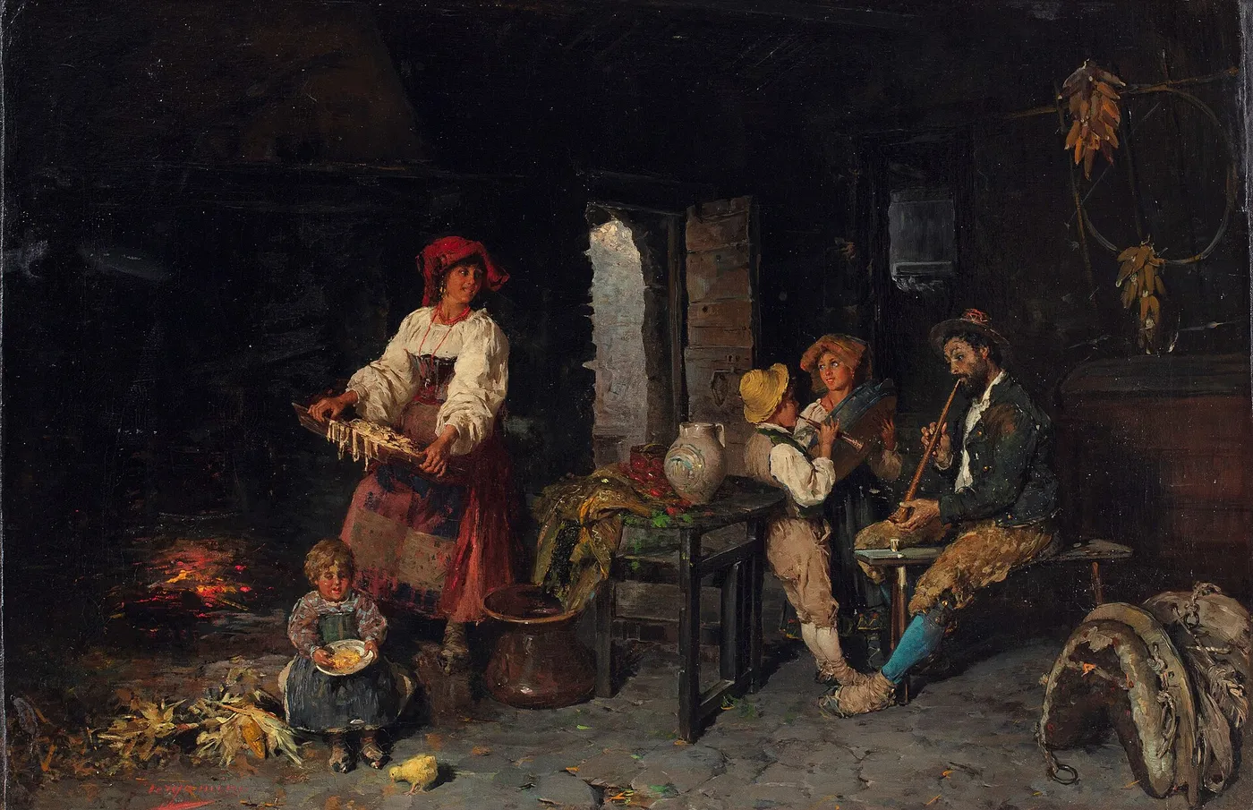 A family playing music (1883) by Francesco Bergamini — original painting reproduced as a hand-painted oil on canvas