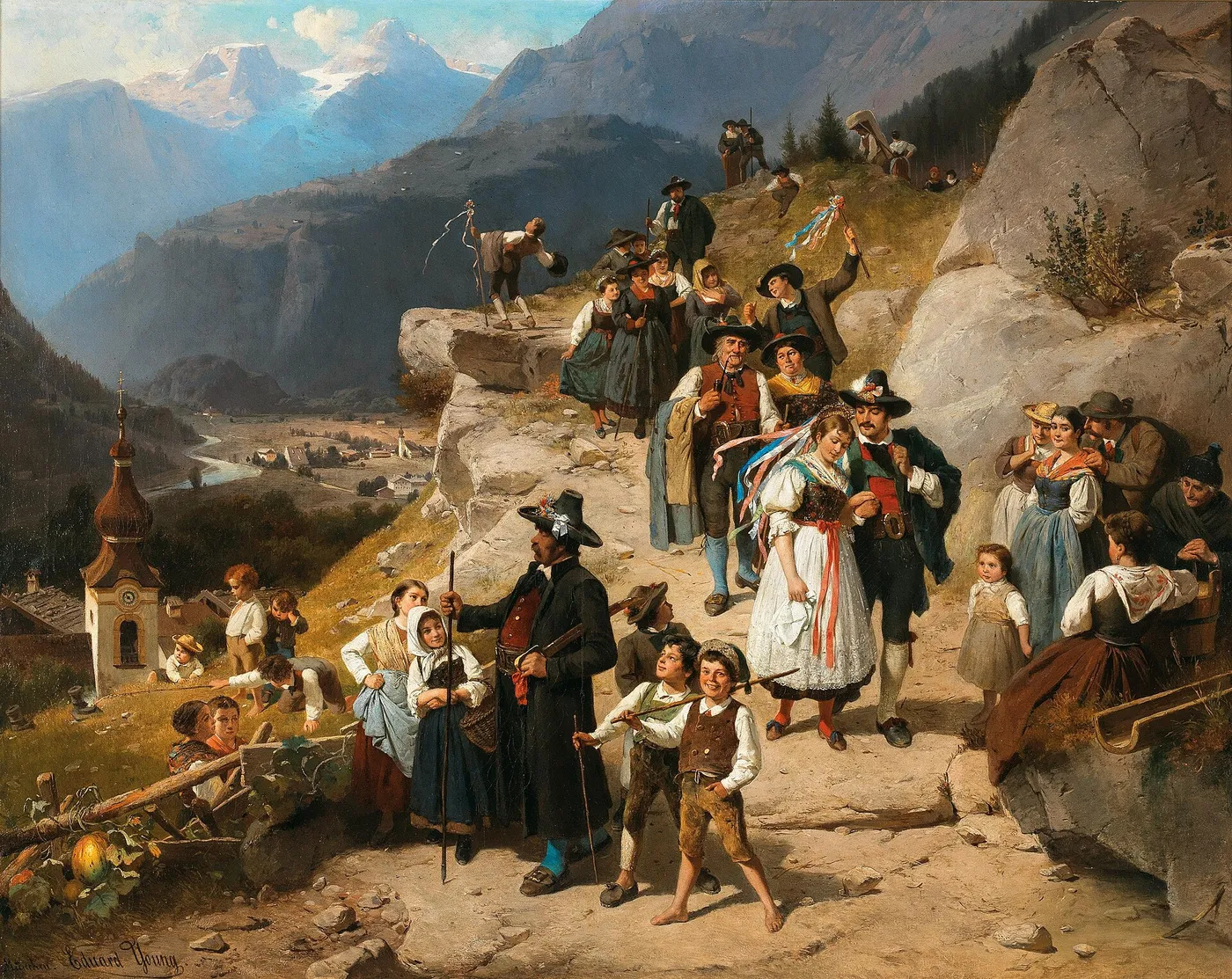 A festive wedding procession (1872) by Eduard Young — original painting reproduced as a hand-painted oil on canvas