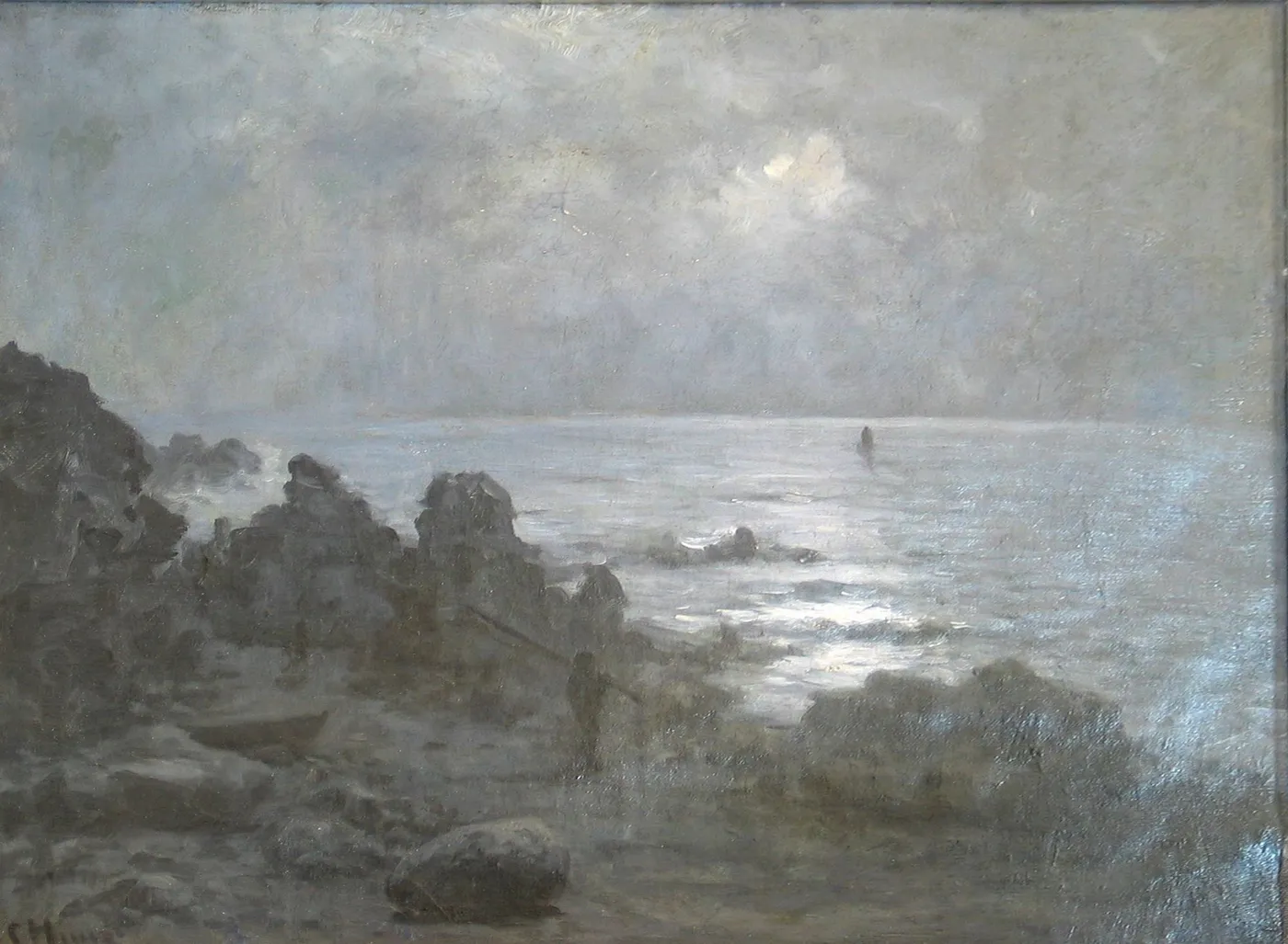 A fisherman on a moonlit rocky coast. (1898) by Charles Frederik Hinné — original painting reproduced as a hand-painted oil on canvas