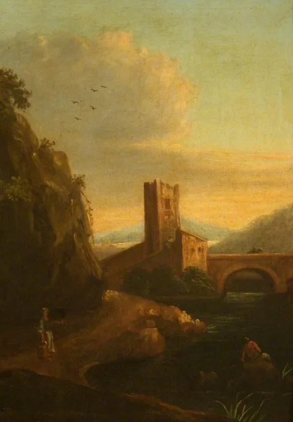 A Fortified Bridge over a River by Alessio de Marchis — original painting reproduced as a hand-painted oil on canvas
