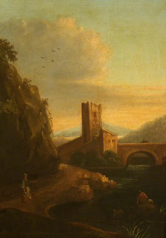 A Fortified Bridge over a River by Alessio de Marchis — original painting reproduced as a hand-painted oil on canvas