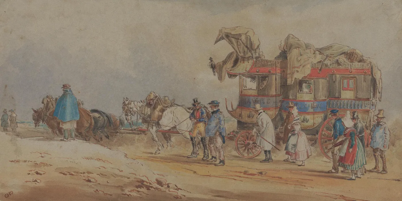 A French Diligence of 1830 by Charles Cooper Henderson — original watercolour reproduced as a hand-painted oil on canvas