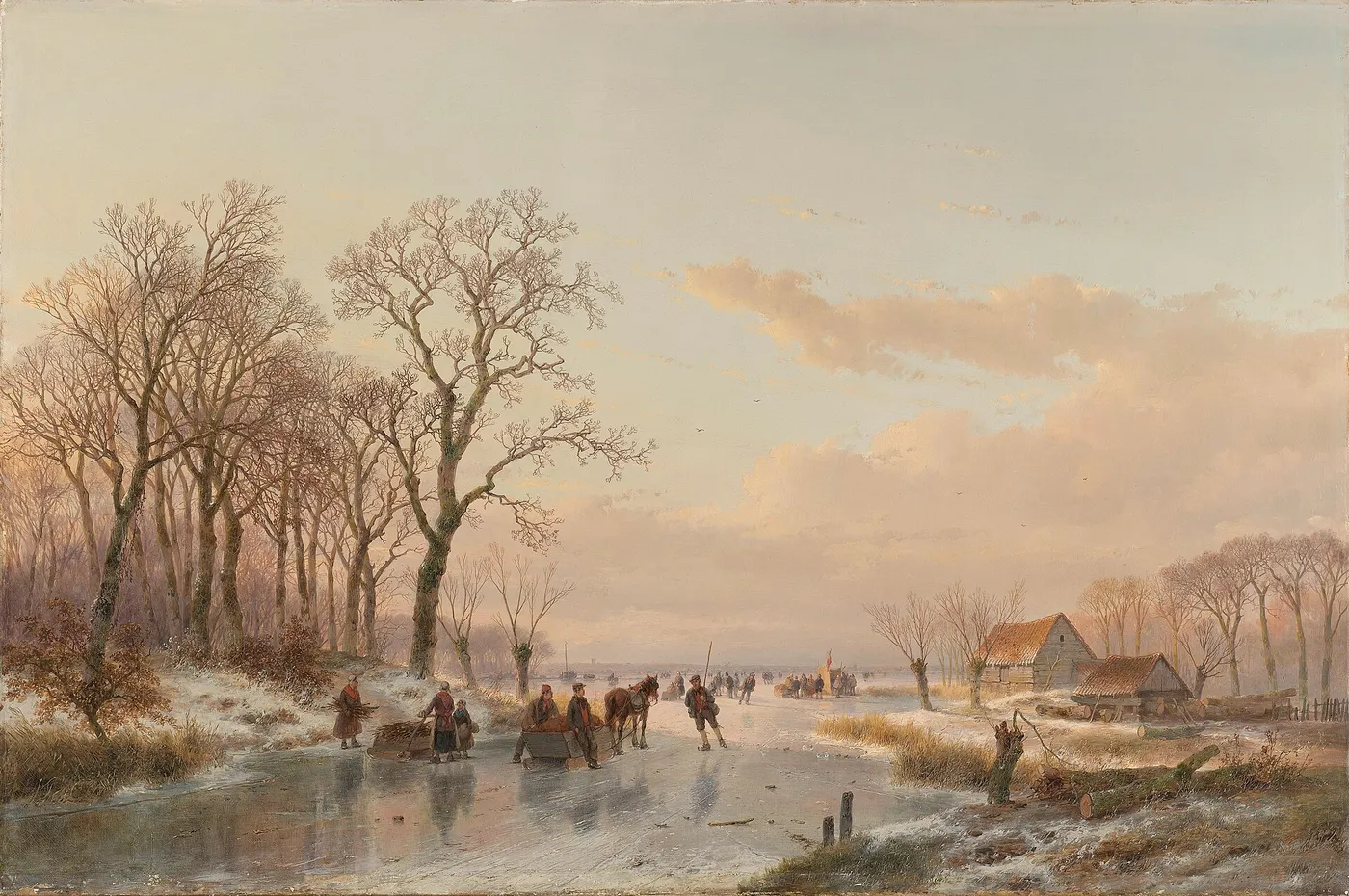 A Frozen Canal near the River Maas (1867) by Andreas Schelfhout — original painting reproduced as a hand-painted oil on canvas