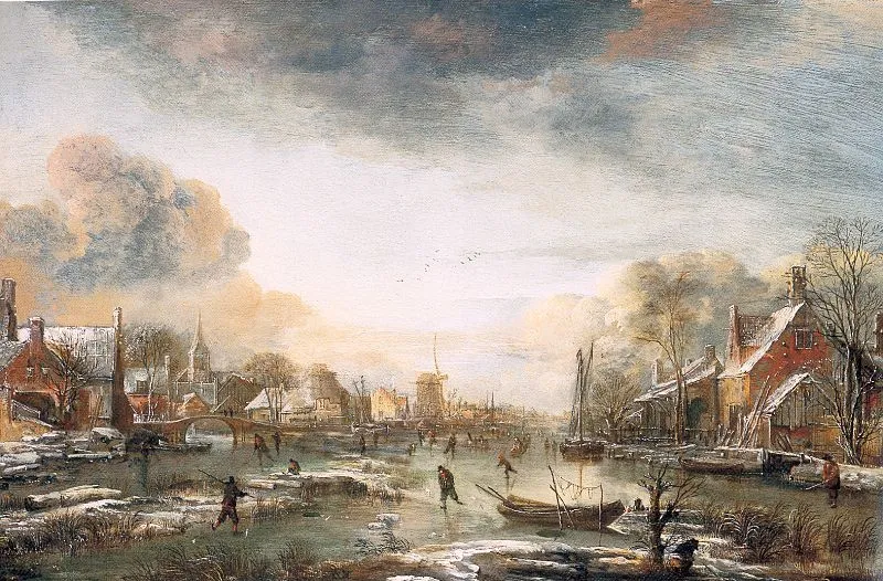 A Frozen River by a Town at Evening — Aert van der Neer
