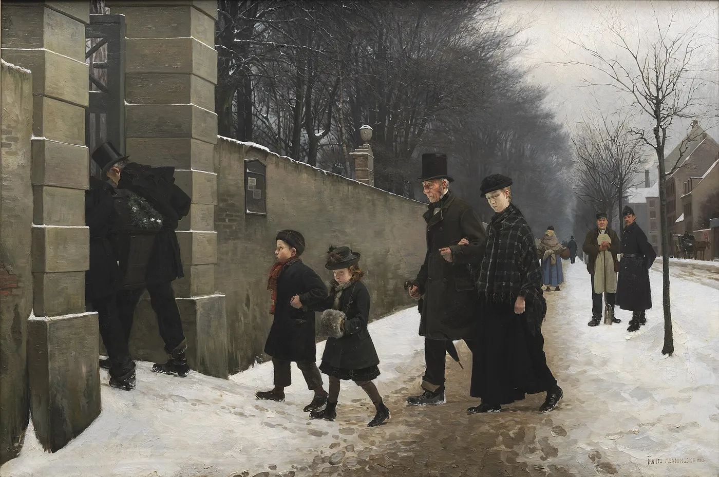 A Funeral (1883) by Frants Henningsen — original painting reproduced as a hand-painted oil on canvas