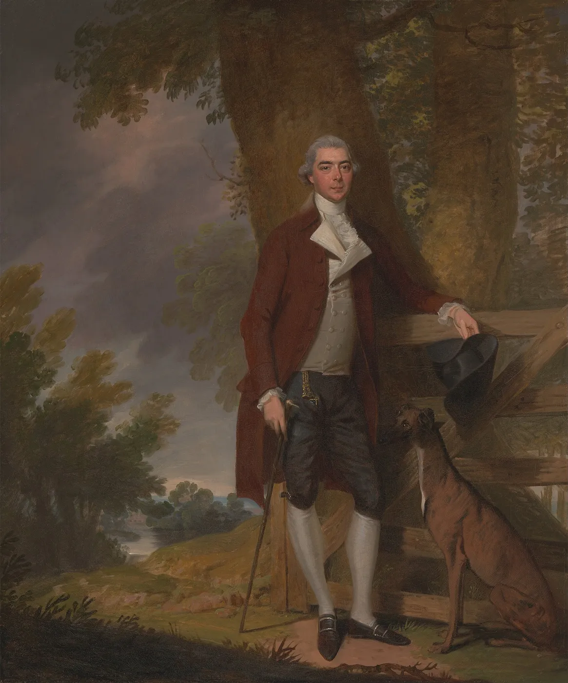 A Gentleman and his Dog in a Landscape (1780) by Francis Wheatley — original painting reproduced as a hand-painted oil on canvas