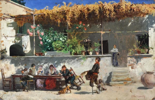 A group of diners seated at the same table (1925) by Attilio Simonetti — original painting reproduced as a hand-painted oil on canvas
