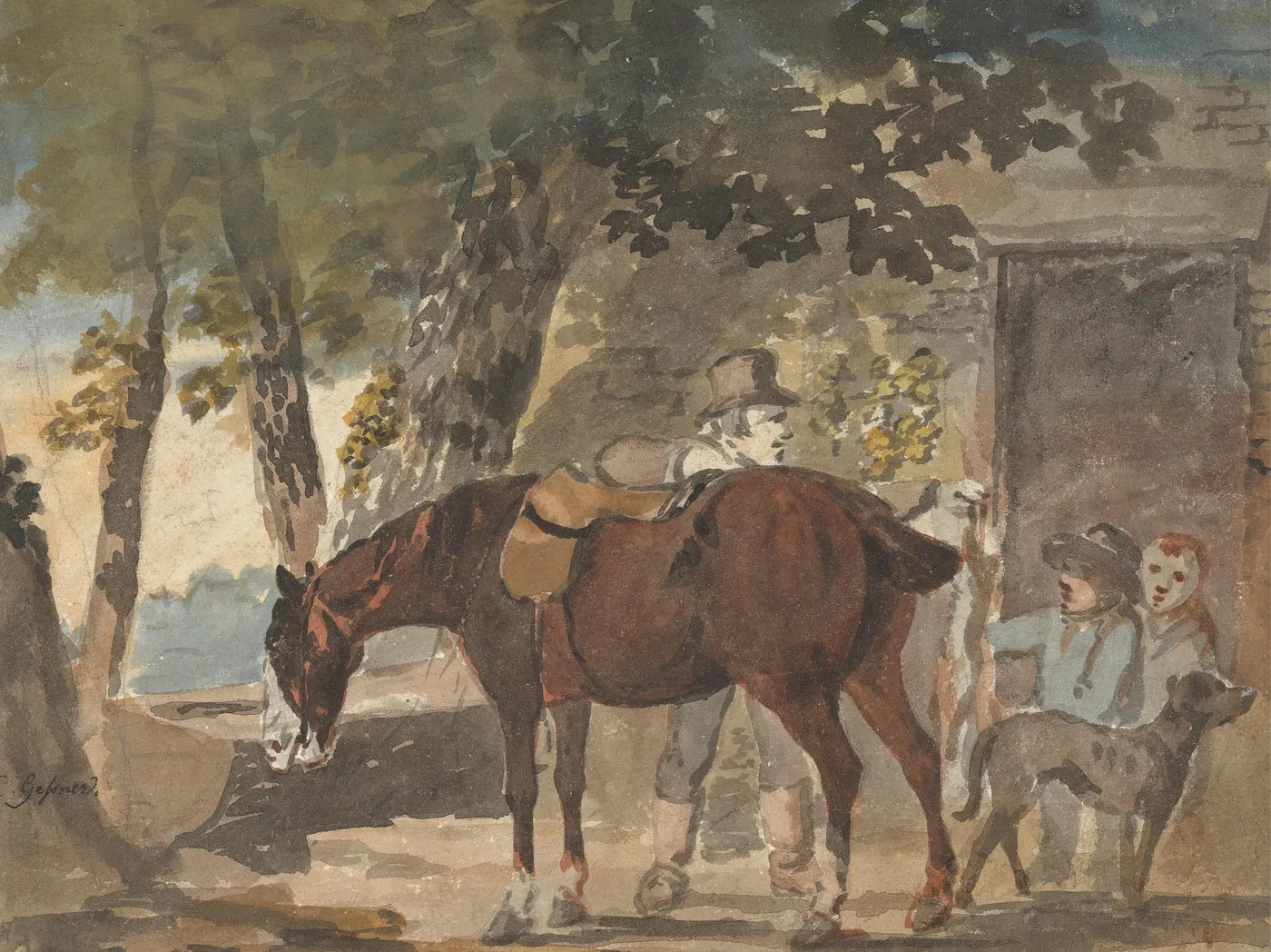 A Horse, Dog and Figures outside a Cottage by Conrad Gessner — original watercolour reproduced as a hand-painted oil on canvas