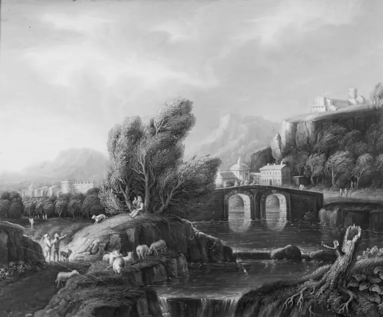 A Landscape with a Waterfall and a Stone Bridge (1741) by Dismar Degen — original painting reproduced as a hand-painted oil on canvas