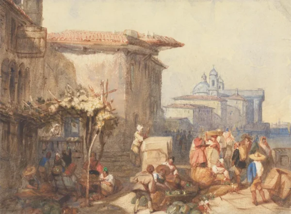 A Market Scene in Venice by Charles Bentley — original watercolour reproduced as a hand-painted oil on canvas