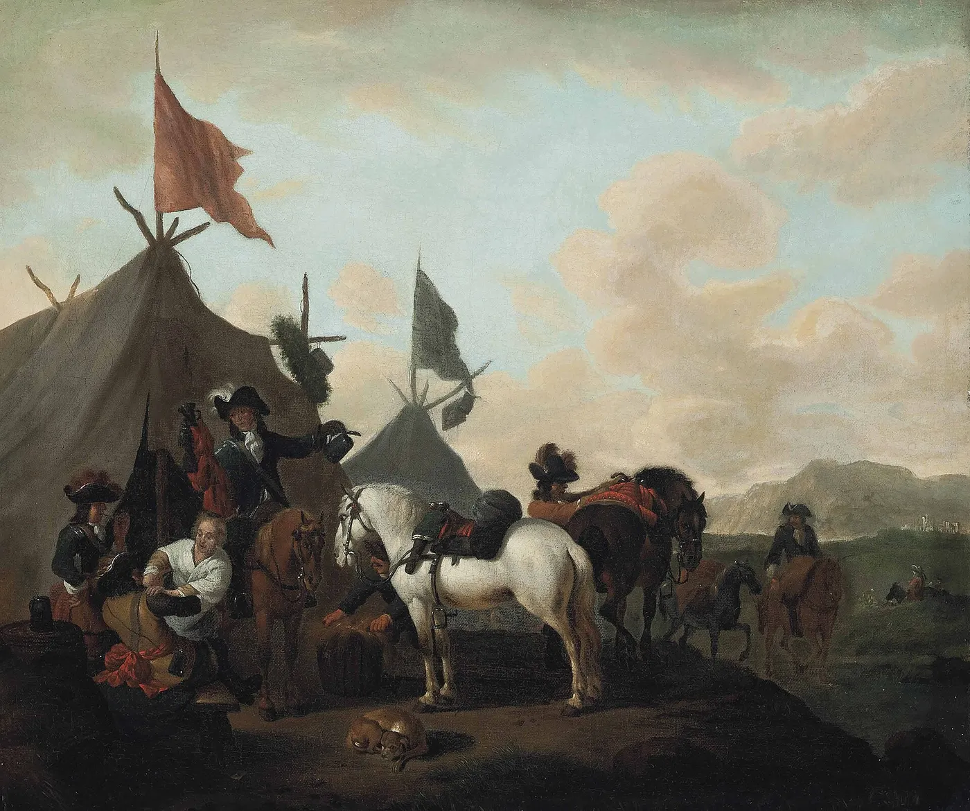 A military encampment with soldiers carousing before a tent (1679) by Evert Oudendijck — original painting reproduced as a hand-painted oil on canvas