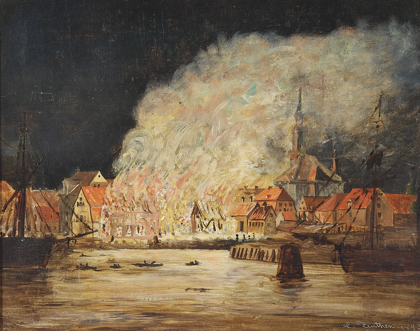 A mill burning in Christianshavn. (1843) by C.O. Zeuthen — original painting reproduced as a hand-painted oil on canvas