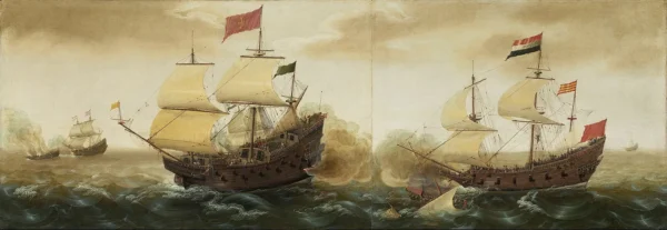 A Naval Encounter between Dutch and Spanish Warships (1618) by Cornelis Verbeeck — original painting reproduced as a hand-painted oil on canvas