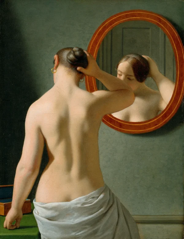 A nude woman doing her hair before a mirror (1841) by Christoffer Wilhelm Eckersberg — original painting reproduced as a hand-painted oil on canvas