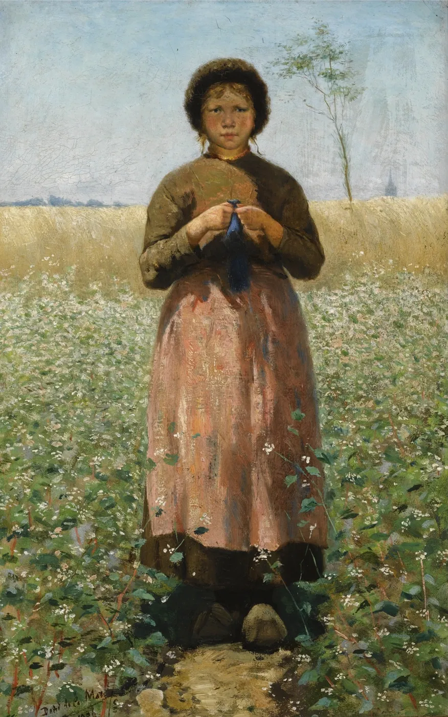 A peasant girl in a field of flowers (1886) by David de la Mar — original painting reproduced as a hand-painted oil on canvas