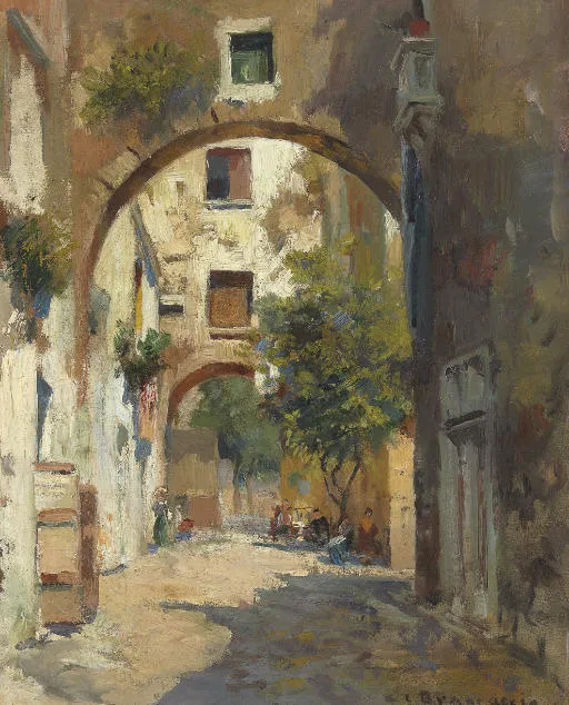 A Shady Street in Naples by Carlo Brancaccio — original painting reproduced as a hand-painted oil on canvas