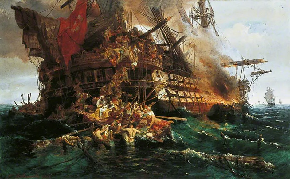 A Turkish Warship on Fire (1868) by Constantin Bolonachi — original painting reproduced as a hand-painted oil on canvas
