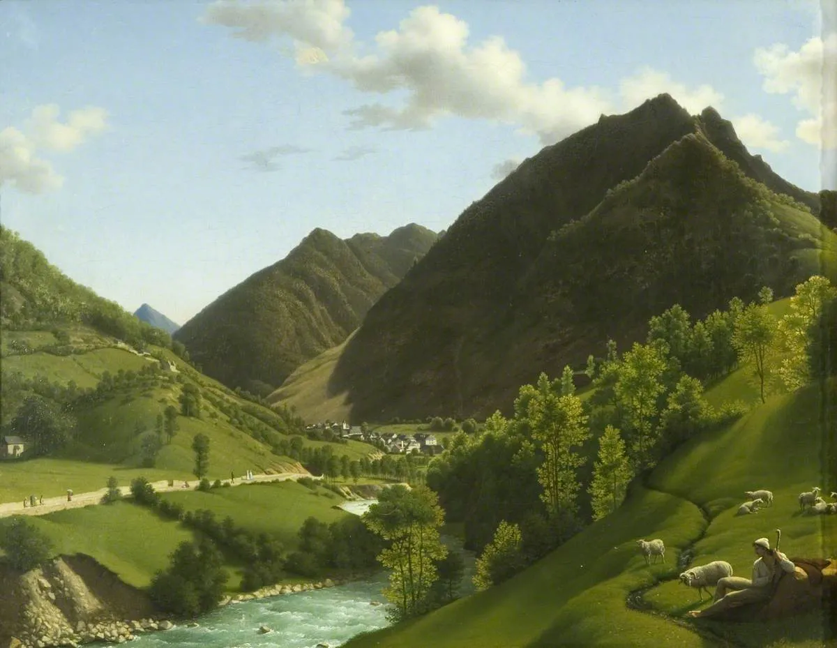 A View of Cauterets in the Pyrenees (1810) by Alexandre Millin du Perreux — original painting reproduced as a hand-painted oil on canvas