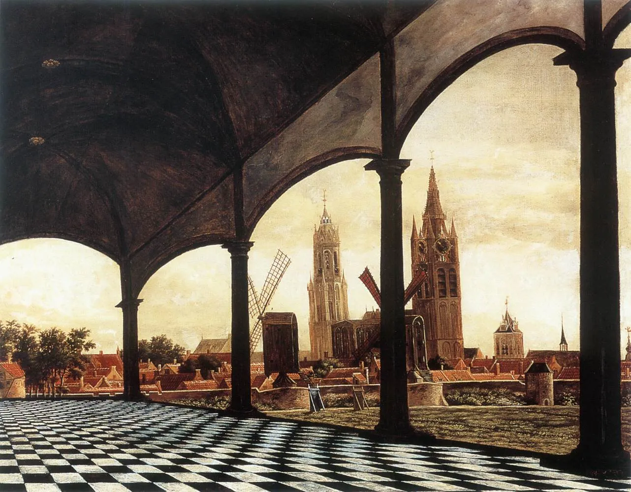 A View of Delft through an Imaginary Loggia (1663) by Daniel Vosmaer — original painting reproduced as a hand-painted oil on canvas