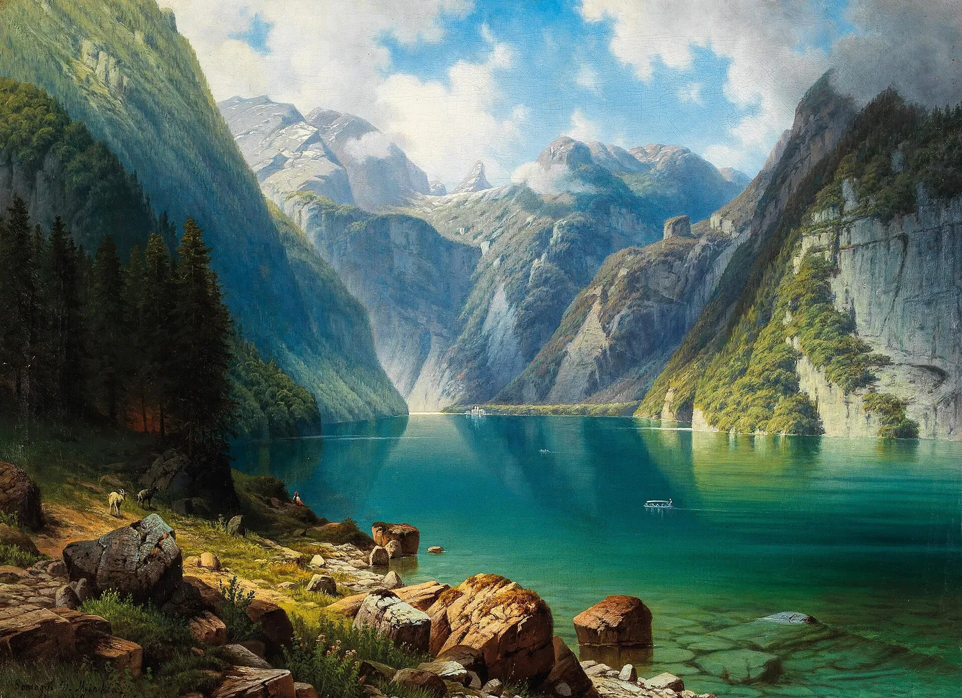 A View of Lake Königssee (1879) by Dániel Somogyi — original painting reproduced as a hand-painted oil on canvas