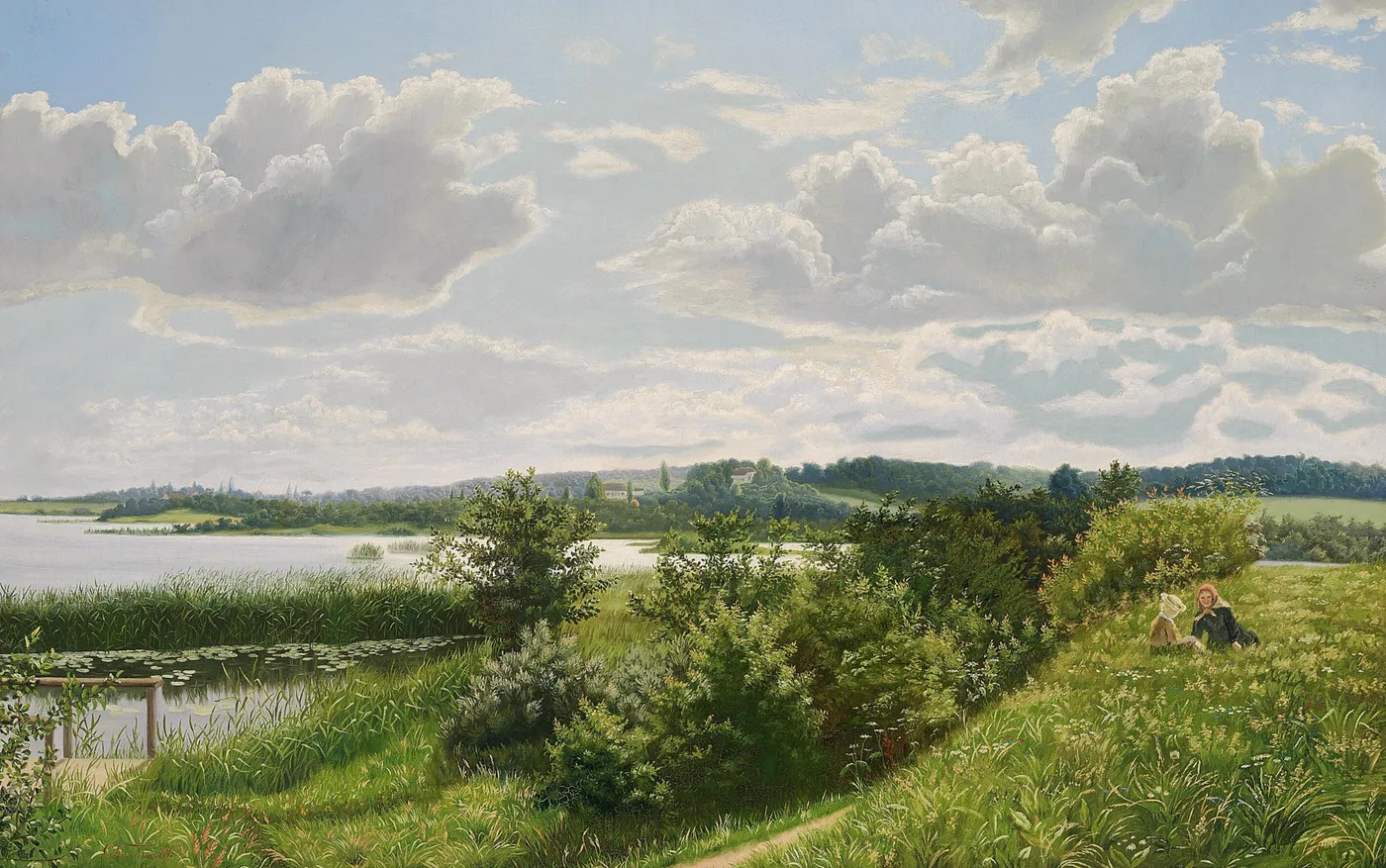 A view of Lyngby Sø in the direction of the woods at Frederiksdal. Afternoon (1879) by Charlotte Amalie Sannom — original painting reproduced as a hand-painted oil on canvas