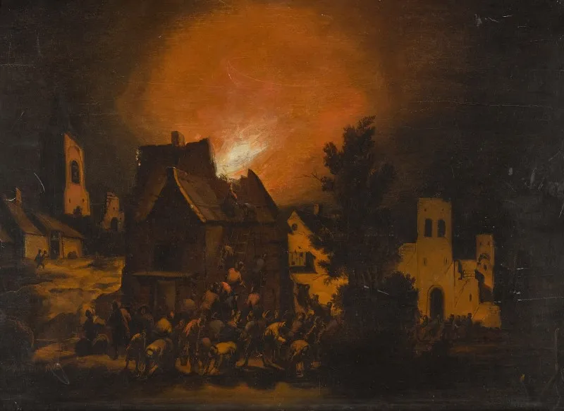 A Village on Fire at Night by Adriaen Lievensz. van der Poel — original painting reproduced as a hand-painted oil on canvas