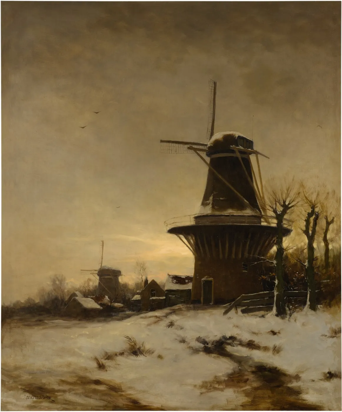 A Windmill and a Village on the Edge of a Snowy Meadow by David Adolph Constanz Artz — original painting reproduced as a hand-painted oil on canvas