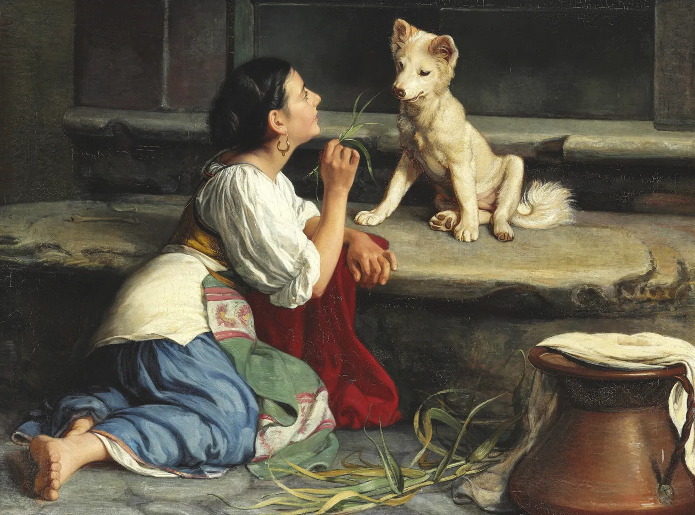 A young Italian woman playing with a dog (1872) by Axel Helsted — original painting reproduced as a hand-painted oil on canvas