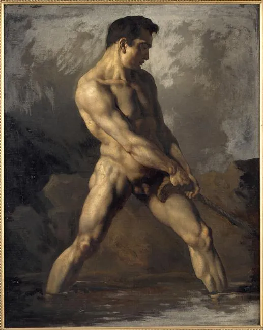 Académie d'homme tirant sur une corde (1812) by Théodore Géricault — original painting reproduced as a hand-painted oil on canvas