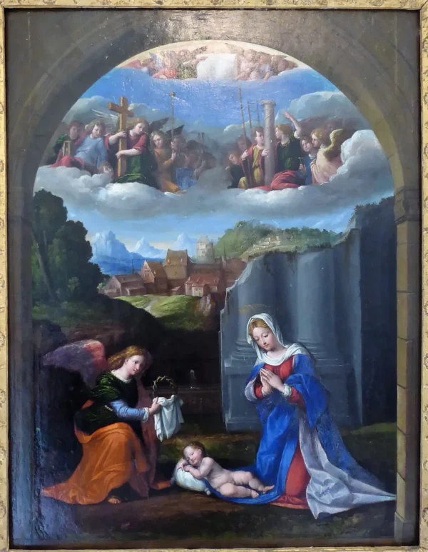 Adoration of the Child, with the instruments of the Passion (1550) by Benvenuto Tisi — original painting reproduced as a hand-painted oil on canvas